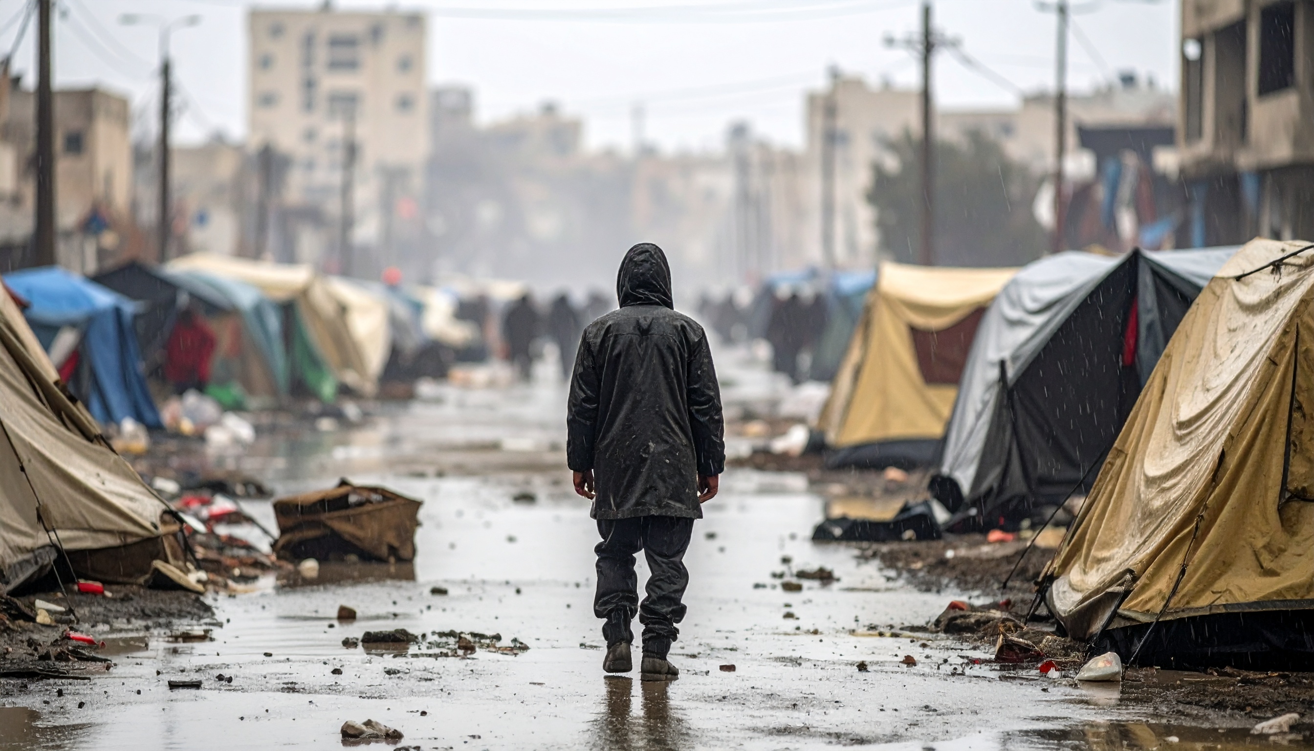 パレスチナ自治区ガザ 冬嵐で仮設住宅が冠水、乳児死亡