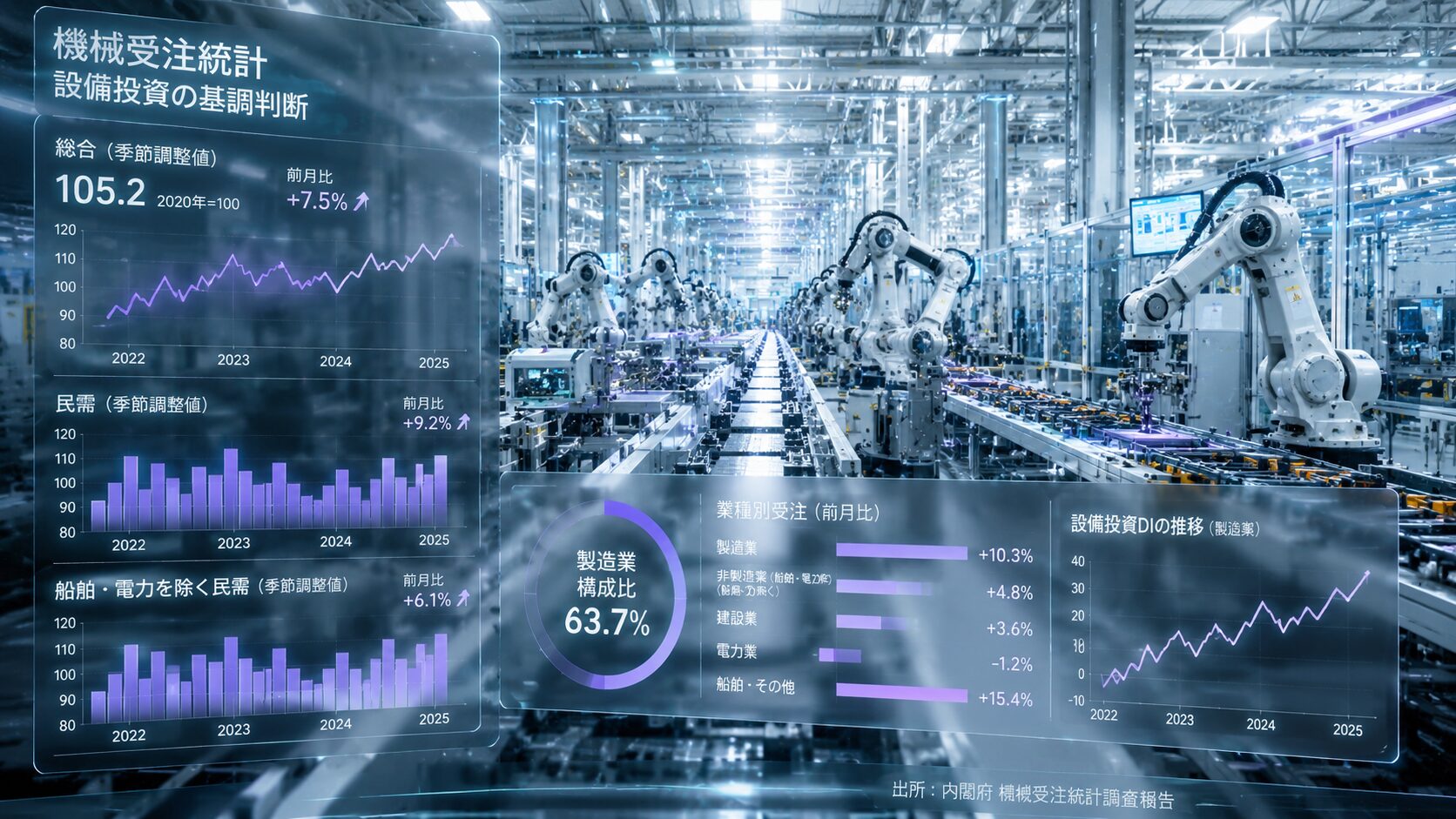 内閣府の4月機械受注、民需8.7%増で2カ月ぶり回復、企業設備に持ち直し