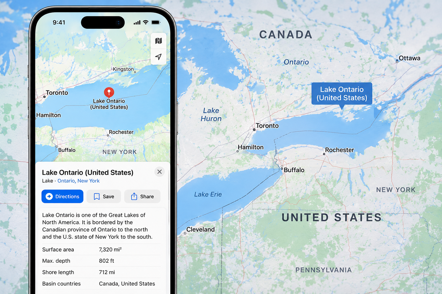 Appleマップ、米国でオンタリオ湖を「Lake America」に変更　GNIS改称を反映